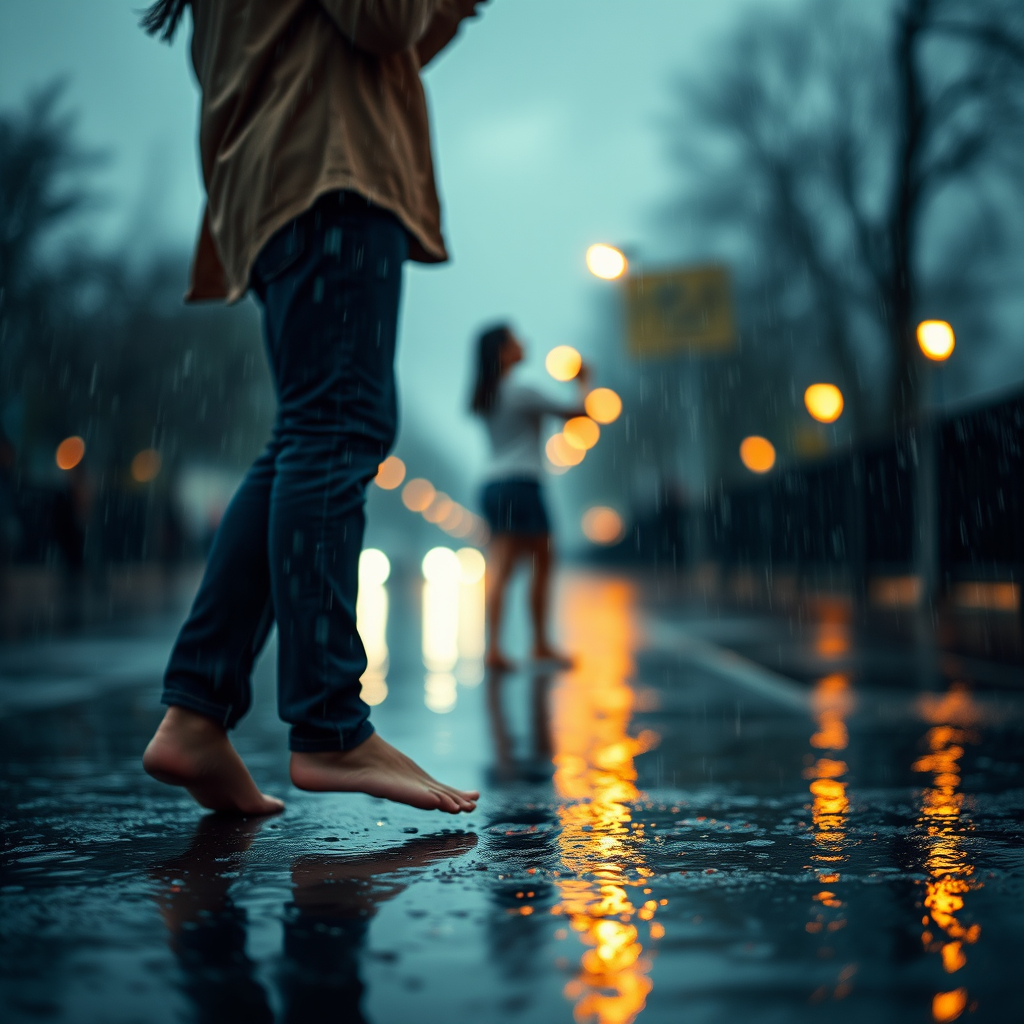 Blurry, candid shot of a couple dancing barefoot in the rain, soft raindrops falling around them, their wet clothes clinging to their skin, distant streetlights casting a warm glow on the slick pavement.