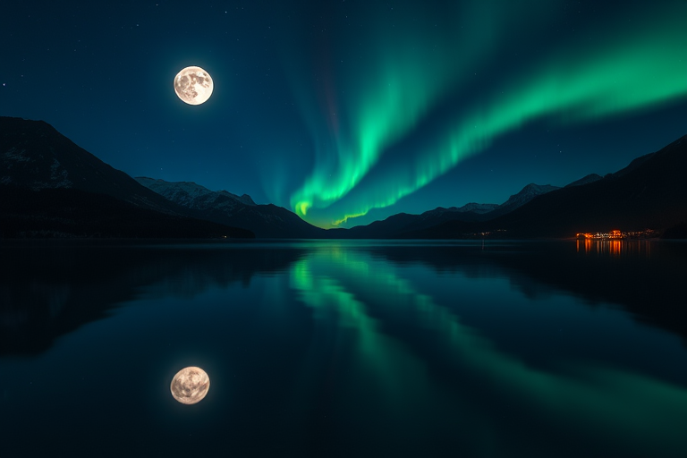 a serene night landscape featuring a full moon illuminating a calm lake with reflections, vibrant northern lights in the sky, mountains in the background, taken with a DSLR camera, 24mm lens, f/2.8 aperture, ISO 800, 15 seconds exposure, capturing rich details and vivid colors in low light conditions