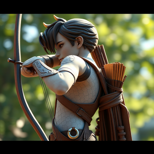 create a high-resolution 3D render of a humanoid figure with a bow and quiver, side view, natural lighting, focus on sharp details, use a DSLR camera at f/8 aperture, ISO 100, 50mm lens, and 1/125 sec shutter speed.