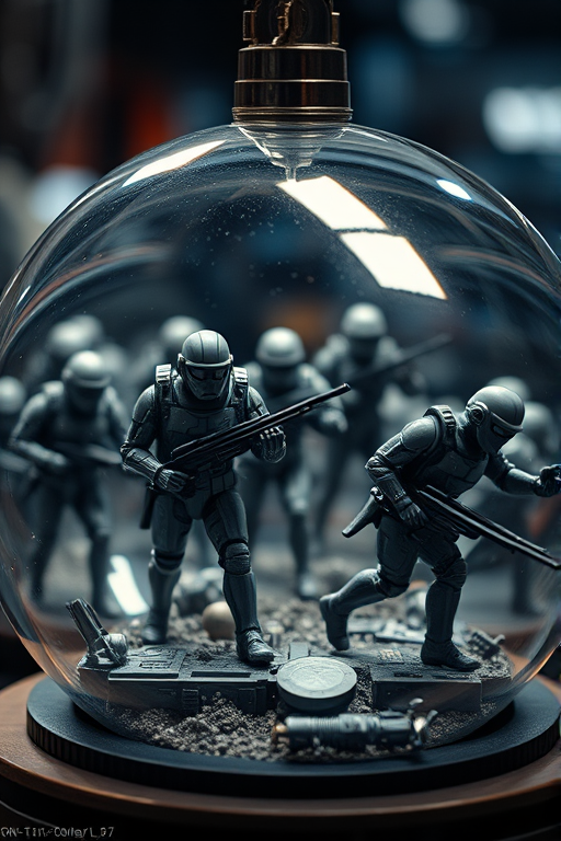 Create a highly detailed close-up shot of a futuristic diorama featuring armored soldiers in intricate poses inside a glass sphere, captured with a DSLR camera, 50mm lens, f/1.8 aperture, ISO 200, 1/60 sec shutter speed, with soft diffused lighting and a bokeh background to emphasize the intricate details and create a dramatic effect.