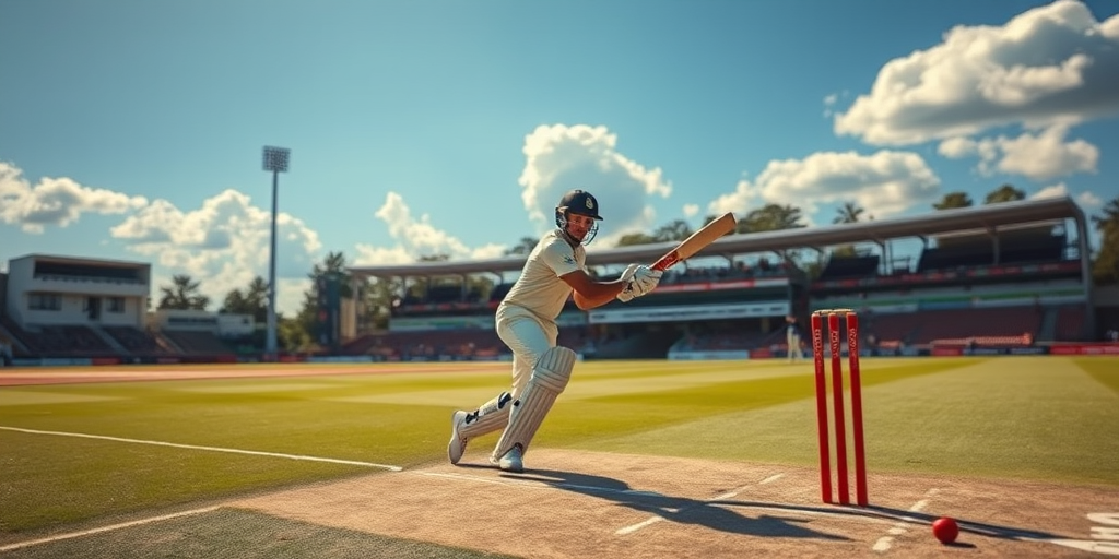regenerate the image of a cricketer batting on an outdoor field under bright sunlight, captured with a Canon EOS R, 50mm lens, f/2.8 aperture, ISO 100, shutter speed 1/1000s, shallow depth of field, vibrant colors, action shot perspective