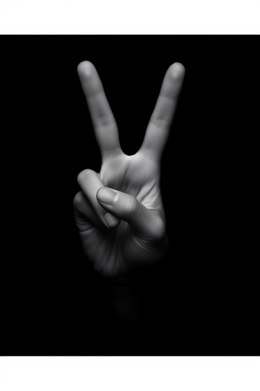 Create a high-contrast minimalist image of a stylized hand gesture resembling a "peace" sign with a solid black background, shot with a Canon EOS R5, 50mm f/1.2 lens, ISO 100, aperture f/2.8, and 1/200s shutter speed for enhanced clarity and detail.
