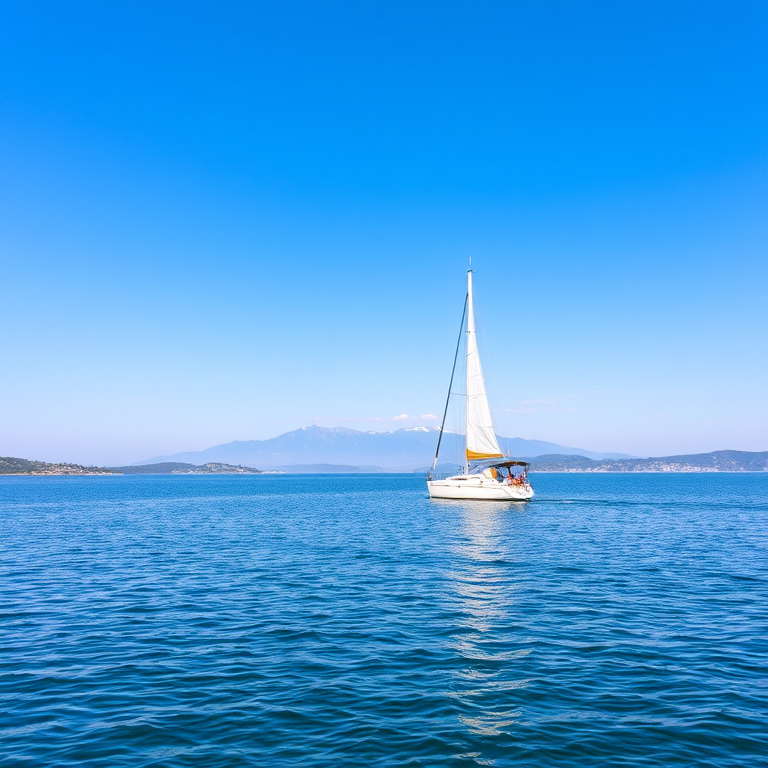 sailing boat on a calm lake with a clear blue sky and distant mountains in the background, taken with a DSLR camera at 50mm, aperture f/5.6, shutter speed 1/200s, ISO 100, landscape view, vibrant colors, high dynamic range.