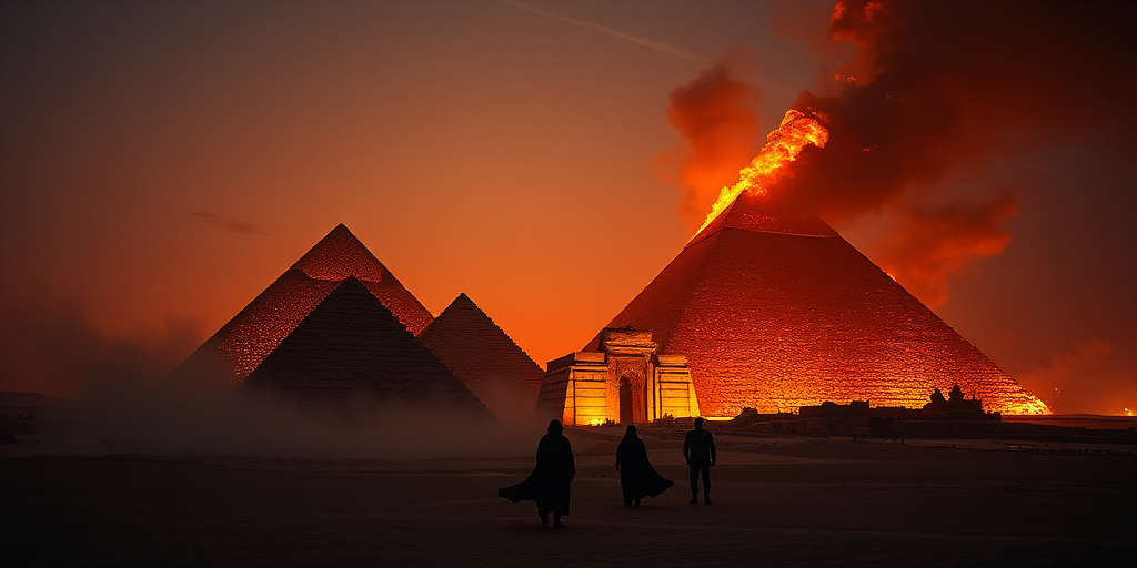 Regenerate an image of ancient Egyptian pyramids engulfed in flames, with dramatic lighting and swirling smoke, captured at dusk with a DSLR camera, aperture f/2.8, ISO 200, 24mm wide-angle lens, low-angle view for a towering perspective, and a focus on dynamic elements and mystical figures in the foreground.