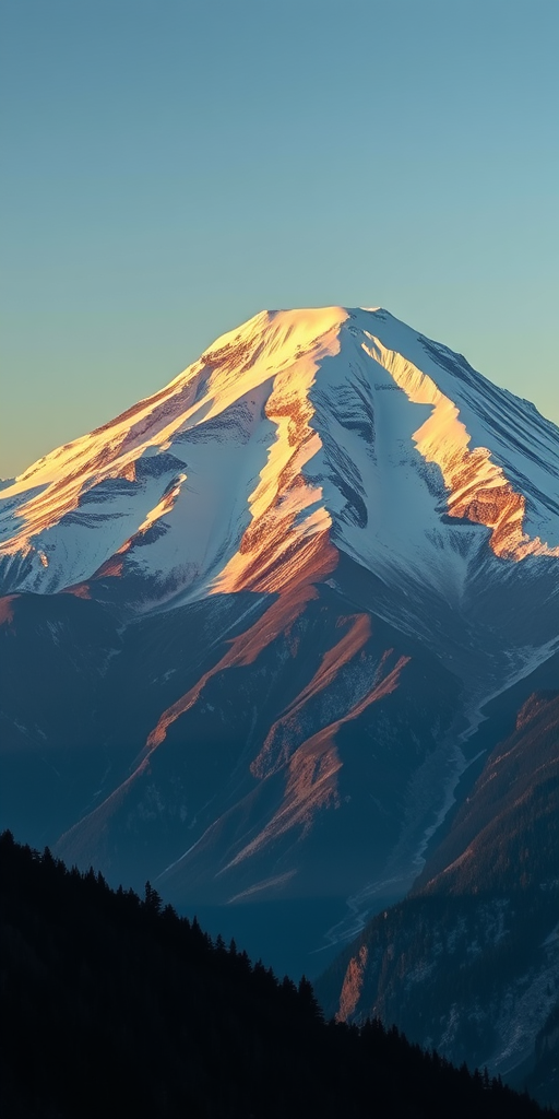 Capture a panoramic view of a majestic snow-capped mountain at dawn with soft golden lighting, using a DSLR camera with a 24mm wide-angle lens, aperture set to f/8, ISO 100, and a shutter speed of 1/125 sec for enhanced image quality and depth.