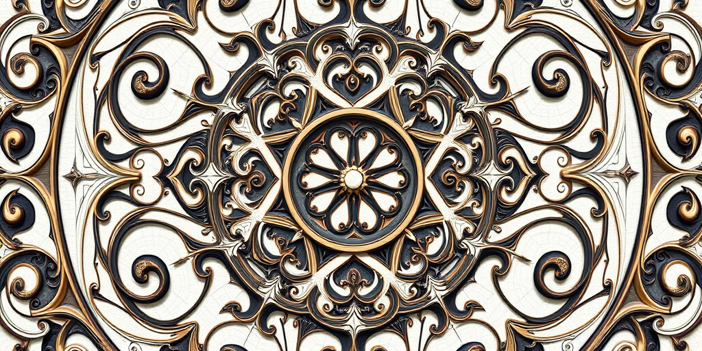 Create an intricate and elegant decorative pattern with swirling lines and curves, using a high-resolution camera, ISO 100, aperture f/8, shutter speed 1/60s, taken from a top-down view in natural lighting for enhanced clarity and detail.