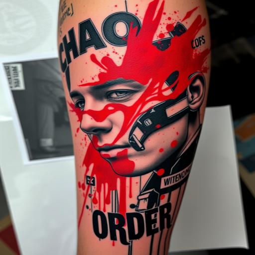 Trash polka tattoo titled "Chaos and Order" featuring a striking combination of realistic portraiture and abstract elements, with bold splashes of vibrant red ink contrasting against black and gray photorealistic details, incorporating typography and geometric shapes to create a dynamic and visually arresting composition, utilizing negative space and deliberately "unfinished" areas to add to the raw and edgy aesthetic, ideal for those seeking a bold and unconventional tattoo style that pushes the boundaries of traditional design