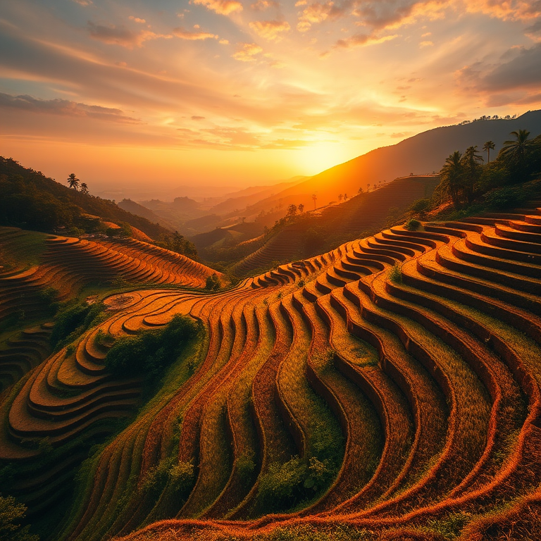 Capture a vibrant landscape of terraced rice fields at golden hour with a wide-angle lens, aperture set to f/8, ISO 100, and shutter speed of 1/125s, using a DSLR camera from an elevated viewpoint to enhance depth and detail in the scene.