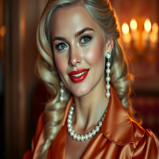 A beautiful Native American woman reminiscent of 1950s Hollywood glamour, with perfectly styled blonde hair and a seductive smile, dressed in a satin blouse and adorned with pearls, soft and warm tones, photorealistic, 8K