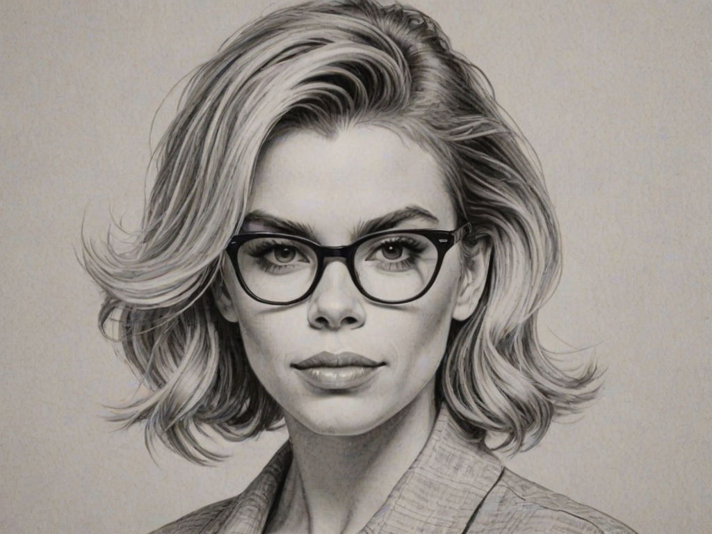 Comely Billie Piper, pencil sketch, portrait of Superb woman 1958s in glasses, hair style beatnik, outline, clear lines, fine lines, 8k