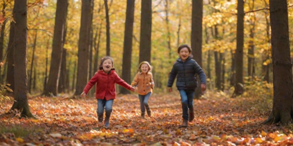 Blurry, candid photo of children playing in a colorful autumn forest, soft light filtering through the trees, with leaves flying in all directions and distant laughter echoing in the background.