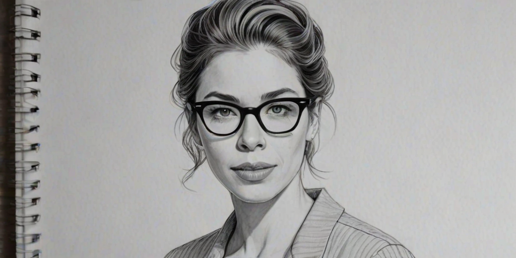 Bewitching Tessa Ferrer, pencil sketch, portrait of Charming woman 1953s in glasses, hair style beatnik, outline, clear lines, fine lines, 8k