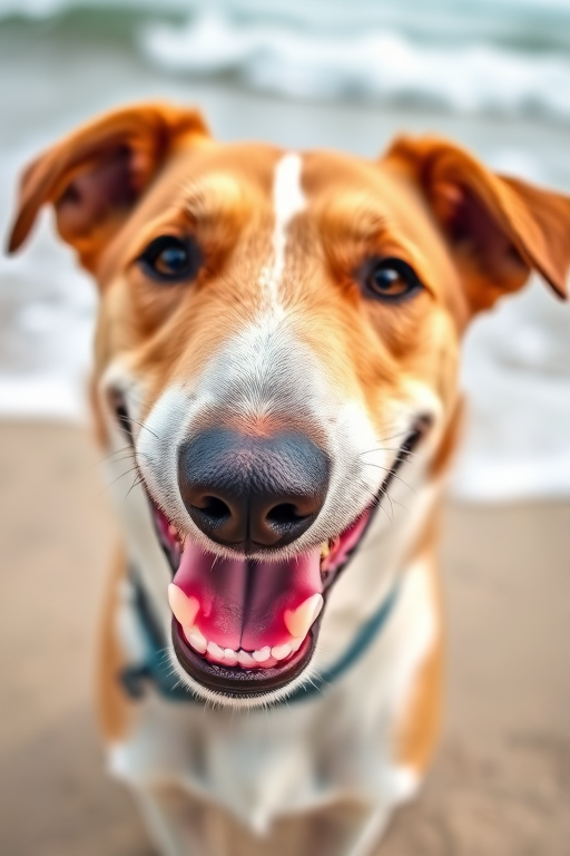 Close-up of a happy dog at the beach with waves in the background, taken with a DSLR camera, 50mm lens, aperture f/2.8, ISO 100, natural light, shallow depth of field.