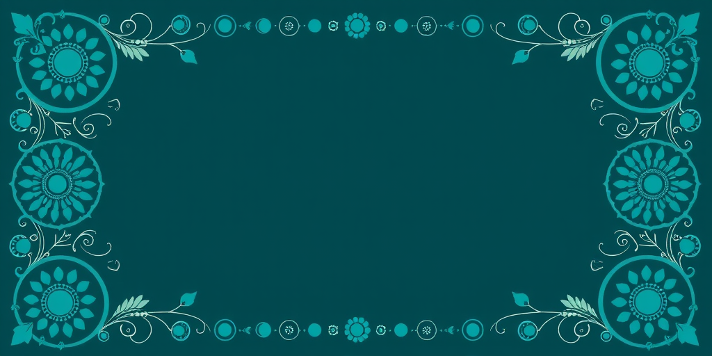 Generate an intricate border design with varying sizes of circles and floral patterns in a dark teal color scheme, using a DSLR camera with a 50mm lens, aperture set to f/1.8, ISO 200, and a soft focus style to enhance depth and texture.
