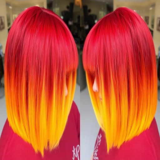 Fiery red ombre hair transitioning to bright yellow tips, styled in a sleek and straight bob with blunt bangs, creating a bold and eye-catching look reminiscent of flames called Phoenix Plumage