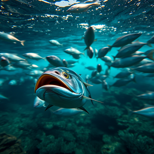 Underwater scene featuring a school of tuna with one prominently in focus, captured with a Canon EOS 5D Mark IV, 24mm lens, f/8 aperture, ISO 100, 1/200s shutter speed, wide-angle view, natural lighting, high dynamic range for enhanced details and colors.
