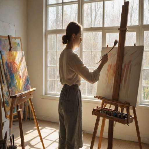 Quiet art studio, sunlight streaming through large windows, a woman stands in front of an easel, paintbrush in hand, carefully applying bold strokes to a canvas.