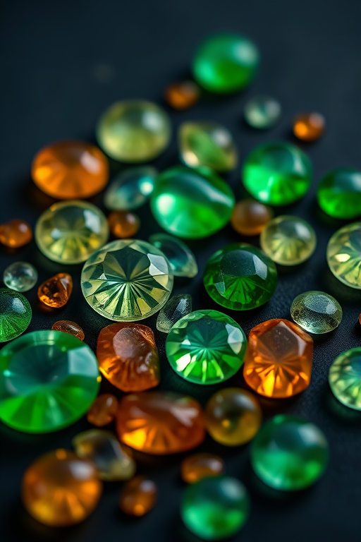 high-resolution macro shot of assorted green and orange gemstones on a dark background, 50mm lens, f/2.8 aperture, 1/200s shutter speed, ISO 100, natural lighting, flat lay composition