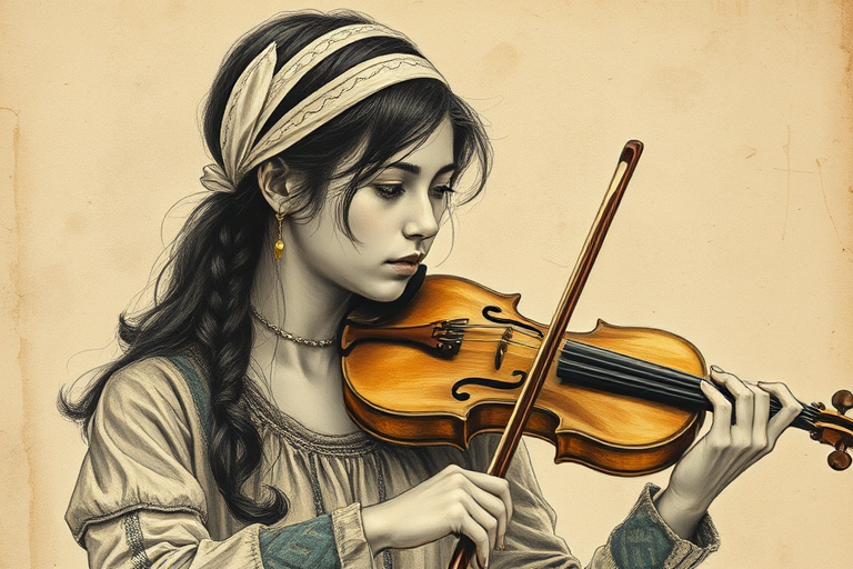 a young M'tis woman with a white headband playing a violin, in the style of a charcoal drawing, sepia grunge background