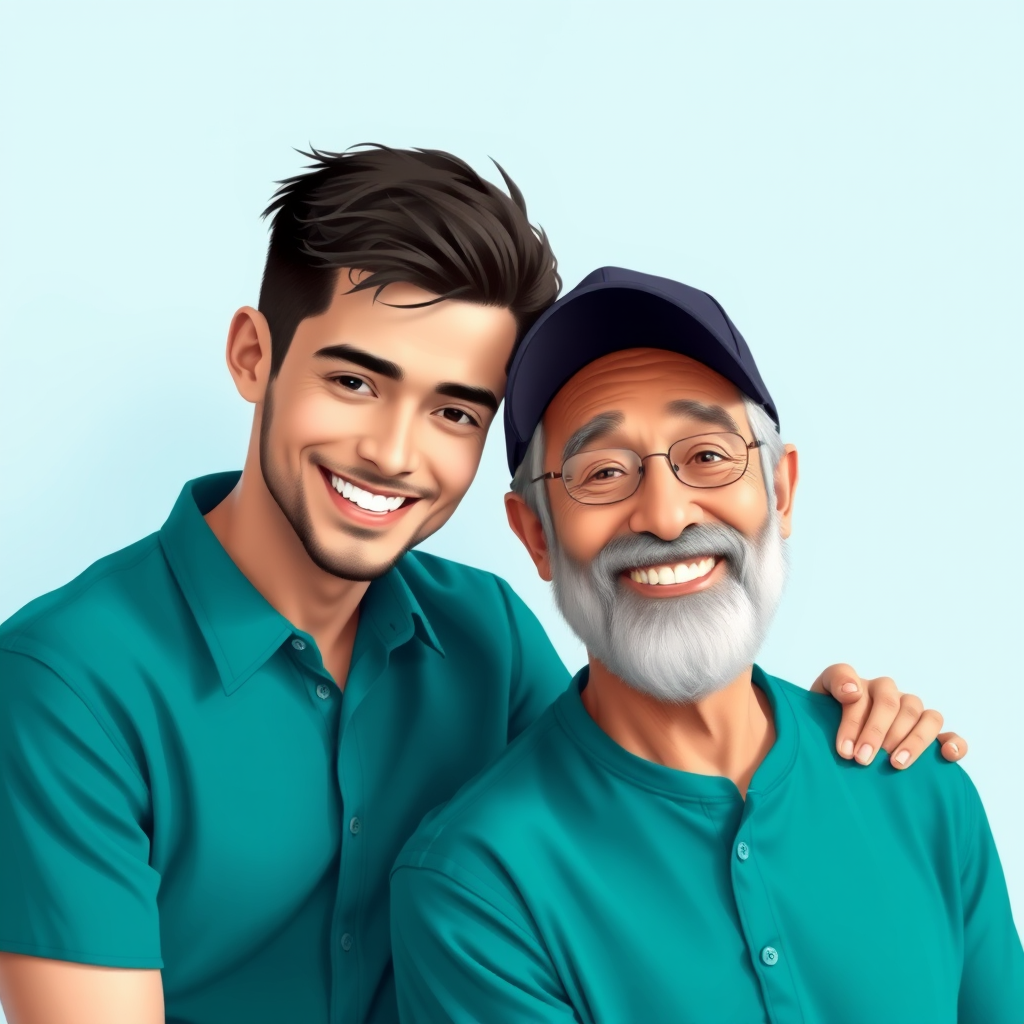 Create an illustration of a young man with short dark hair wearing a teal shirt, leaning towards an older man with gray hair and a beard, wearing a black cap and shirt, both smiling against a light blue background, using a Canon EOS R5, ISO 100, f/8, 50mm lens, soft lighting for a warm and inviting atmosphere.