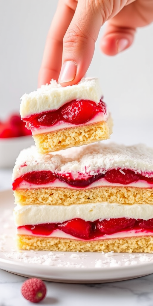 A layered dessert with bright red fruit filling between creamy white layers garnished with shredded coconut served on a plate with a hand lifting a piece showcasing the textures and colors against a light background