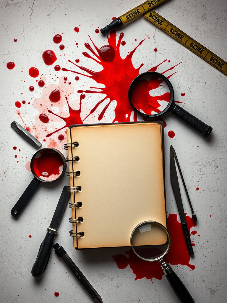 Capture a high-resolution top-down view of a blank book surrounded by crime scene elements like blood splatters, a magnifying glass, and sharp tools, using a DSLR camera, f/2.8 aperture, ISO 100, 50mm lens, and a softbox for diffused lighting.