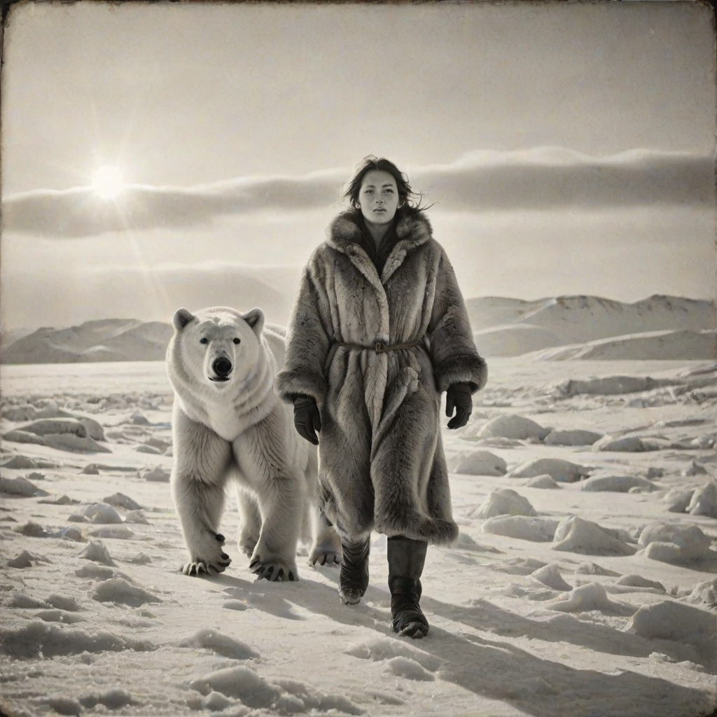 A very old photograph in black and white. The photo is badly damaged, faded, with scratches, tears, smudges and dirt. The photo is ultra-realistic and very detailed. It's a picture of an Arctic warrior. She is walking serenely towards the camera. At her side walks a majestic polar bear. Its fur shines in the sunlight. Snow, ice, sea. wind. snow in the air.