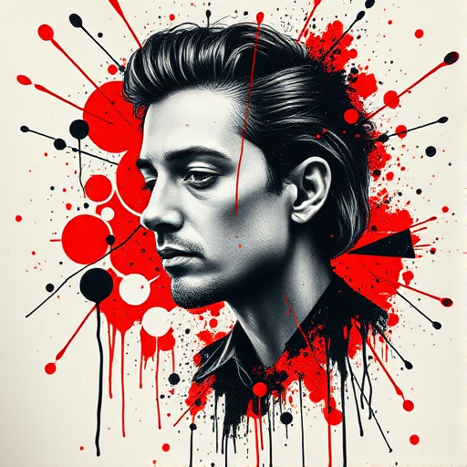 Trash polka tattoo "Urban Symphony" combining bold red and black ink splatters with photorealistic portraits and abstract geometric shapes for a chaotic yet harmonious composition