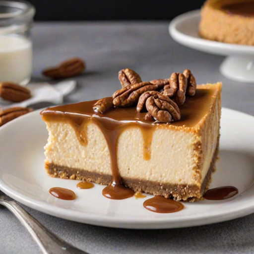 Generate an image of a delicious layered cheesecake slice on a white plate. The cheesecake should have a creamy filling topped with a caramel sauce and chopped pecans, showcasing a graham cracker crust. The background should be dark to highlight the dessert, with a fork resting beside the plate.