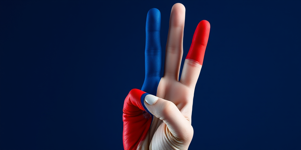 Create a vibrant image of a hand making a peace sign, colored in the French flag of blue, white, and red, shot in high resolution with a Canon EOS R5, 85mm lens, f/1.8 aperture, and soft lighting to enhance color contrast and details.