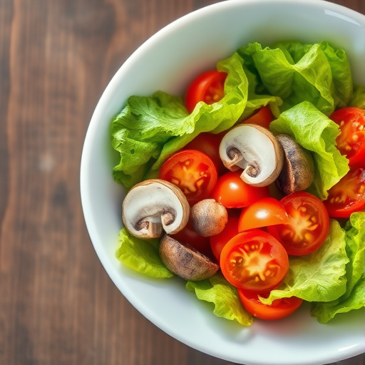 Create a vibrant illustration of a fresh salad in a white bowl with green lettuce, red tomatoes, and sliced mushrooms, using a Canon EOS R5 camera, 50mm lens, f/4 aperture, ISO 100, natural lighting, and a top-down view for enhanced detail.