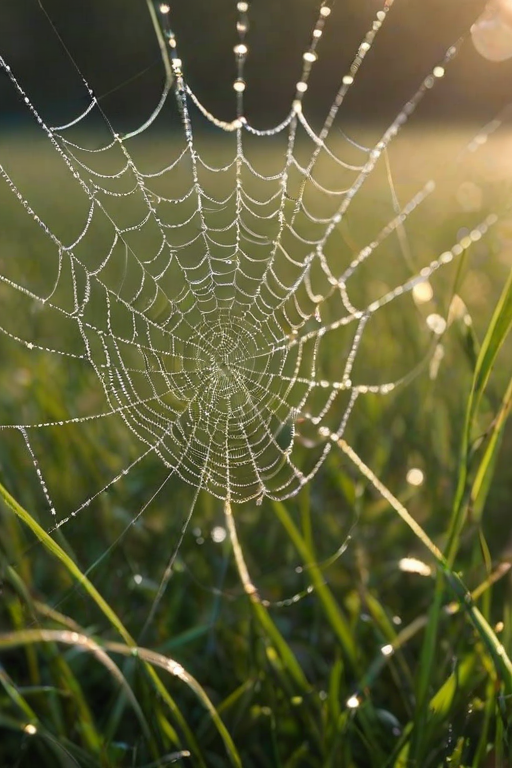 Sharp, high-resolution photo of a dew-covered spider web in the early morning, tiny water droplets glistening in the sunlight, soft focus on the surrounding grass, and the feeling of quiet serenity.