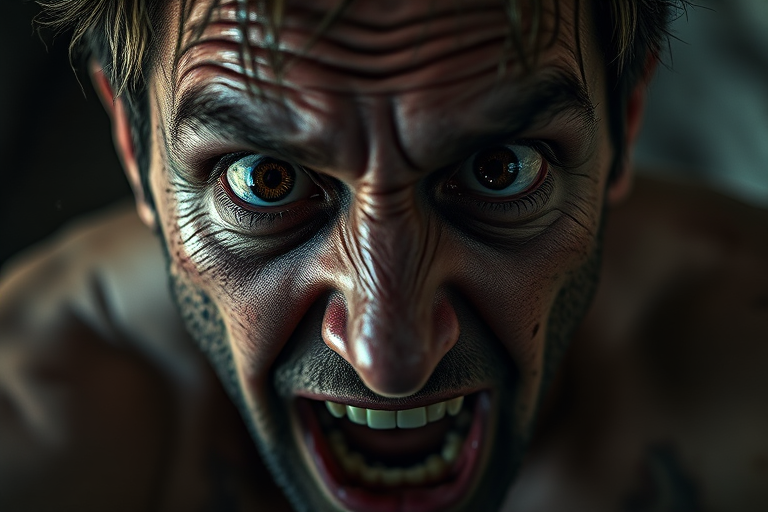 Create a hyper-realistic portrait of a terrified man with expressive eyes and dirty skin, capturing intense emotion and fear, using a Canon EOS R5, 85mm lens, f/1.2 aperture, ISO 100, 1/200s shutter speed, low-angle shot, dramatic lighting, and a moody atmosphere.