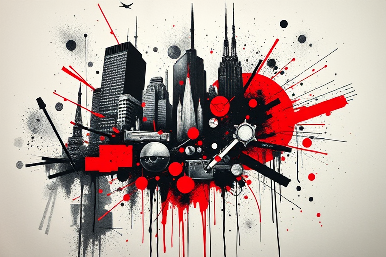 Trash polka tattoo called "Urban Chaos" combining realistic black and grey elements with bold red accents and abstract shapes, creating a dynamic and edgy composition with a grungy aesthetic