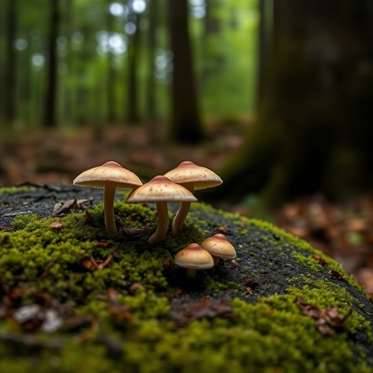 mushrooms on a mossy tree stump in a forest, macro view, soft focus, natural light, aperture f/5.6, shutter speed 1/125s, ISO 200, DSLR camera