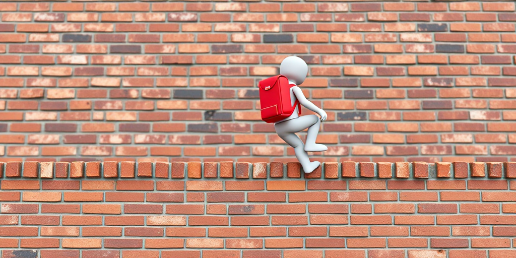 Create a 3D render of two stylized figures with red backpacks climbing over a textured brick wall, using a Canon EOS R5 with a 35mm f/1.4 lens, aperture set to f/8, ISO 100, shot at eye level for a clean and vibrant look.