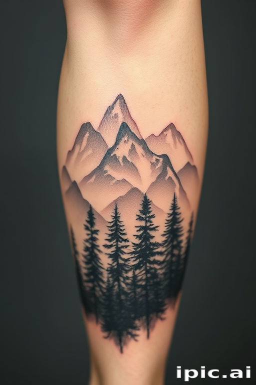 Ethereal dotwork forest landscape tattoo with misty mountains and towering pine trees, gradually fading into the skin with meticulous stippling technique, wrapping around the calf muscle
