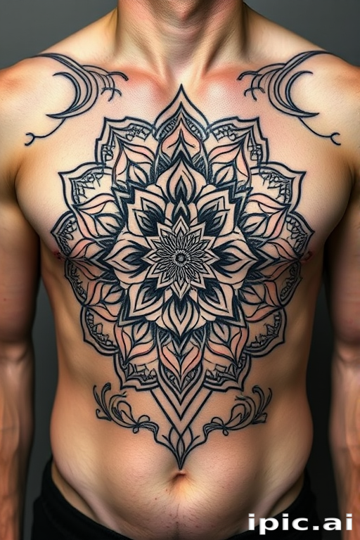 Intricate blackwork geometric mandala covering entire chest and abdomen, precise lines and symmetrical patterns creating hypnotic effect, stark contrast against skin