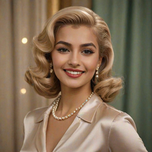 A beautiful Pakistani woman reminiscent of 1950s Hollywood glamour, with perfectly styled blonde hair and a seductive smile, dressed in a satin blouse and adorned with pearls, soft and warm tones, photorealistic, 8K