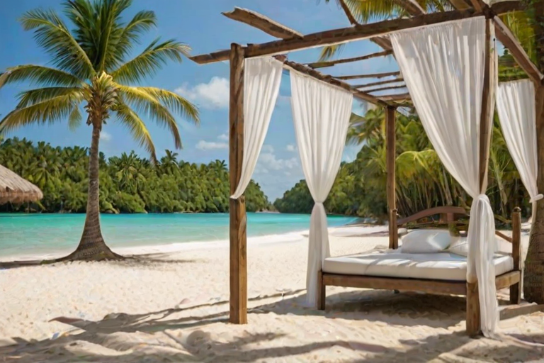 Create a picturesque tropical beach scene featuring a serene, white sandy shore. In the foreground, there's a rustic wooden canopy with white drapes gently flowing in the breeze. Underneath the canopy, a table is set with tropical decor, evoking a sense of relaxation and leisure. The beach extends into a calm, shallow water area with reflections of the sky and surroundings. Palm trees and lush greenery line the edge of the beach, providing a natural, tropical backdrop. The sky is clear with a few scattered clouds, and the overall atmosphere is tranquil and inviting, perfect for a peaceful retreat.