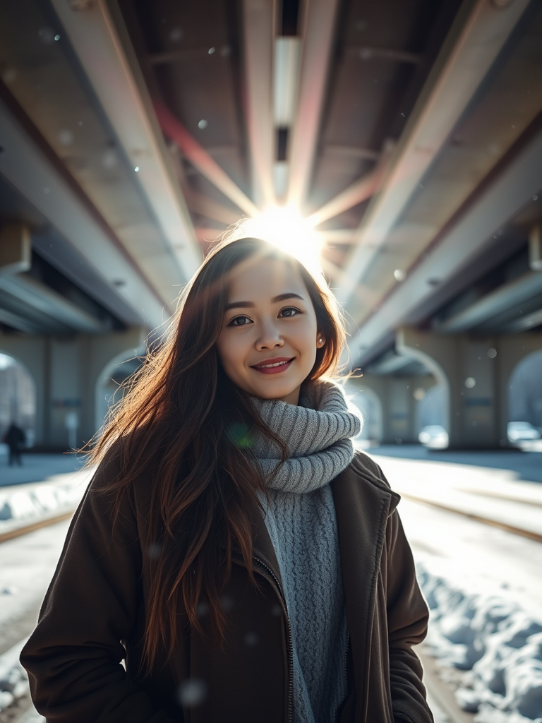 Generate a high-resolution image of a young woman standing under a snowy overpass, with soft sunlight filtering through, using a DSLR camera at f/2.8, ISO 400, 50mm lens, shot from a low-angle perspective with a shallow depth of field to highlight the subject against a blurred background.