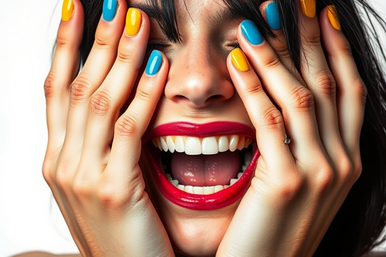 detailed edges, detailed image, perfection style, A cinematic detailed image of a laughing woman with colorful nails covering her eyes with both her hands, movie themed, sharp, detailed background, epic cinematic photography, artistic style, dramatic light style, cinematic color style, Kodak 35mm film style, detailed style, hand focus style, 1girl, solo, open mouth, simple background, white background, teeth, nail polish, lips, lipstick, blue nails, realistic, yellow nails, makeup, parody, black hair, portrait