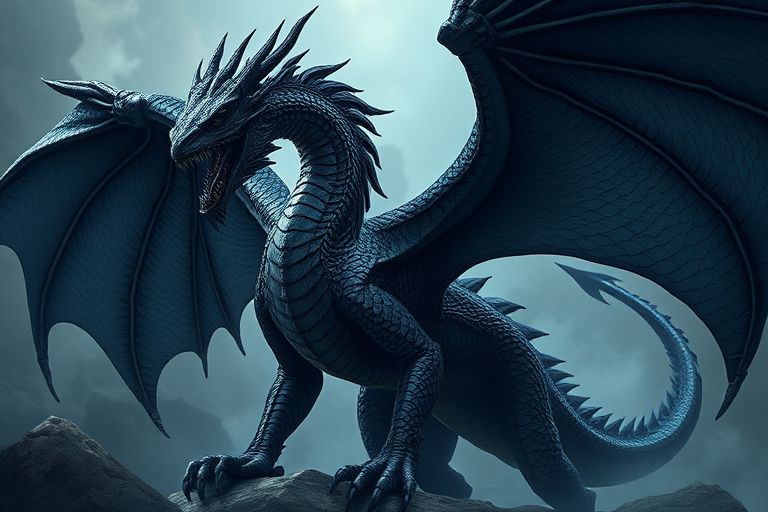 Create a highly detailed illustration of a black dragon with intricately patterned scales and large wings, in a dynamic pose showing its power, shot with a DSLR camera at f/8, ISO 100, 50mm lens, with dramatic lighting and a slight low-angle view to emphasize its majesty.