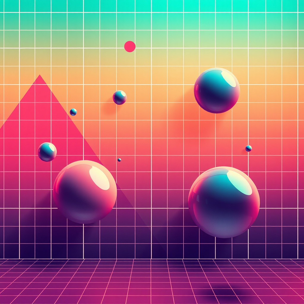 Create a vibrant abstract digital artwork featuring a retro grid background with geometric shapes and floating spheres, shot with a high-resolution camera at f/2.8, ISO 200, 1/60s, framed in a wide-angle view to capture all elements with a soft focus style, digital format.