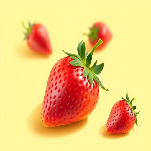 Create a vibrant illustration of a strawberry on a soft yellow background, using a high-resolution digital camera, aperture f/2.8, ISO 100, shutter speed 1/60 sec, macro lens for a close-up view, with vibrant colors and smooth textures.