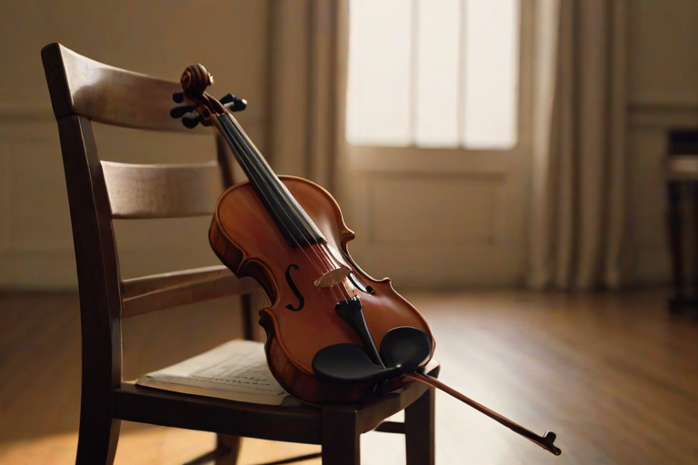 Close-up of a violin resting on a wooden chair in a softly lit room, soft light from a nearby window illuminating the strings, with sheet music scattered on the floor in the background.
