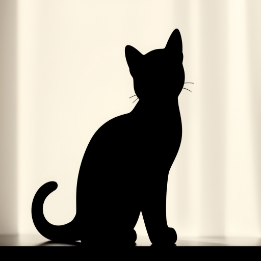 Create a high-quality vector graphic of a simple, stylized cat silhouette with smooth curves and a playful expression, shot with a Canon EOS 5D Mark IV at f/2.8, ISO 100, and a focal length of 50mm, using natural light for soft shadows and a shallow depth of field to highlight the kitty against a blurred background.