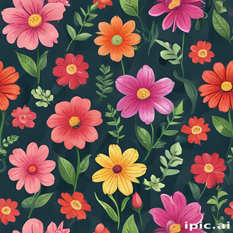 A Vibrant Floral Pattern Featuring Colorful Flowers on a Dark Background
