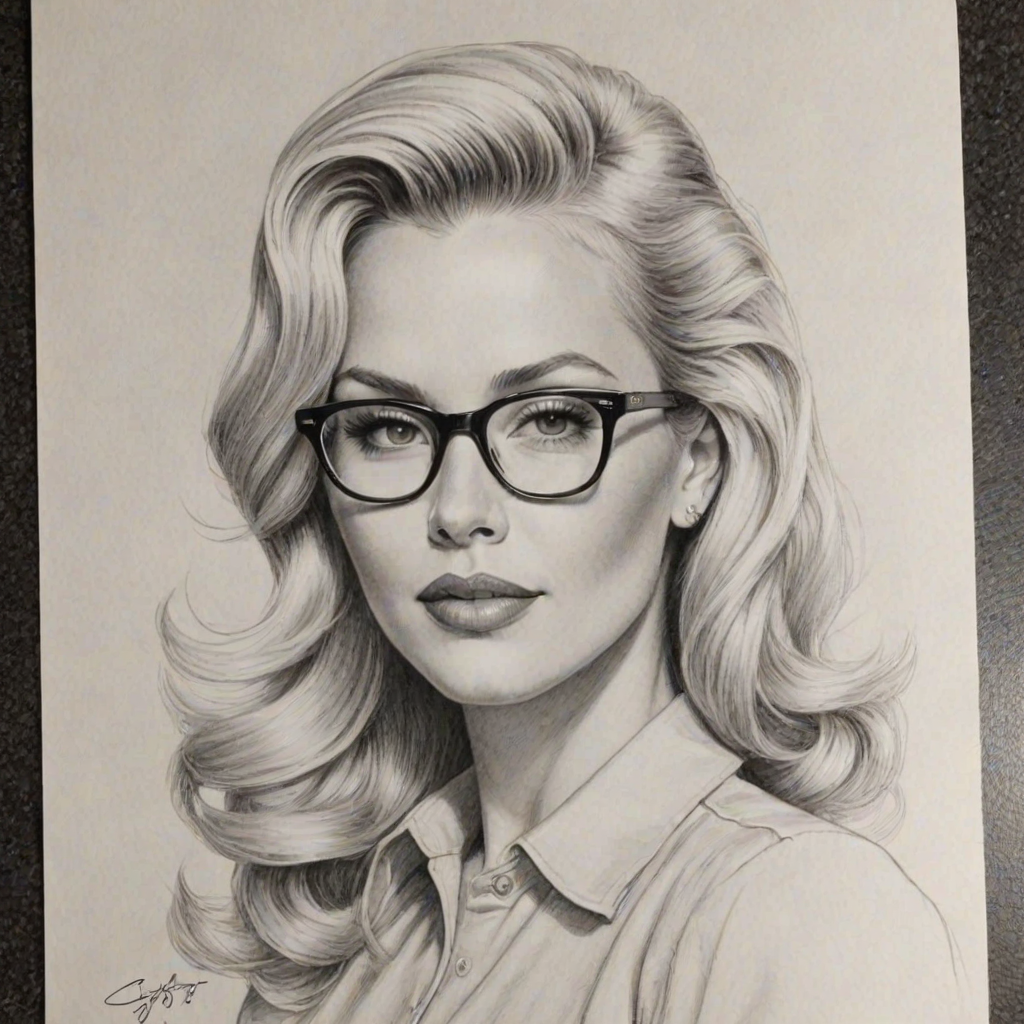Magnificent Gena Lee Nolin, pencil sketch, portrait of Enchanting woman 1939s in glasses, hair style beatnik, outline, clear lines, fine lines, 8k