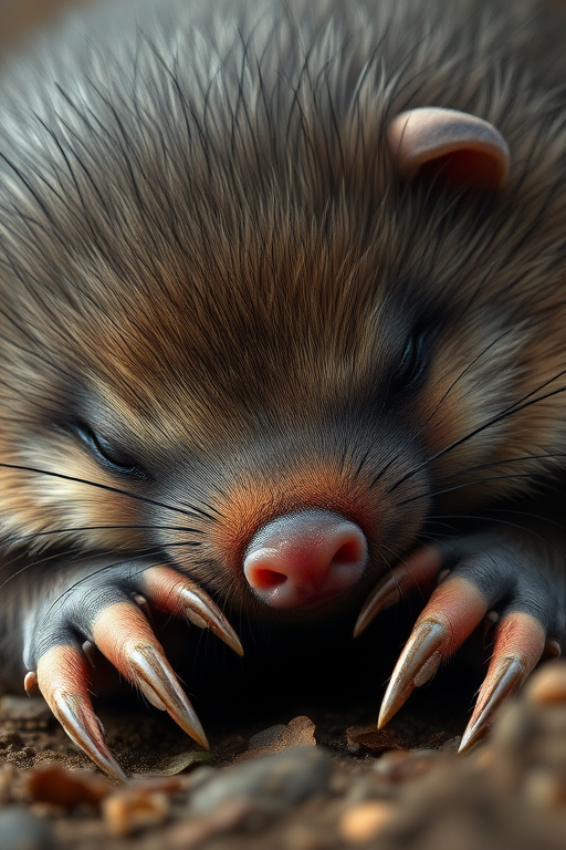 Create a highly detailed illustration of a sleeping mole with soft, fluffy fur, focusing on its distinctive claws and facial features, shot with a DSLR camera at f/2.8 aperture, 50mm lens, ISO 200, and a shallow depth of field to enhance the texture and details against a blurred background.